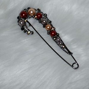 Faux Pearl Multicolor Large Safety Pin Brooch Gunmetal Black
